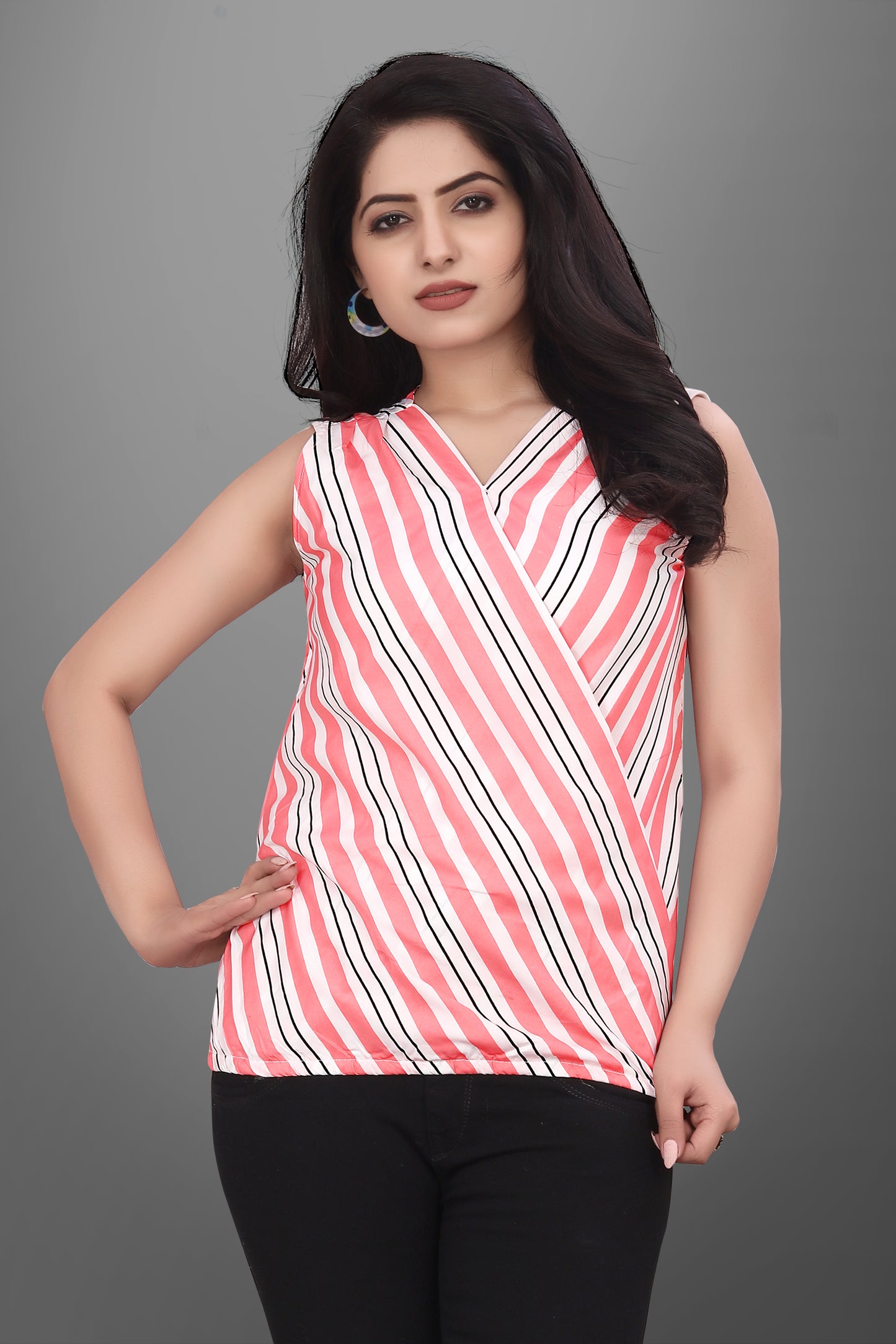 SUR-T Casual Sleeveless Leriya Striped Women Peach Top