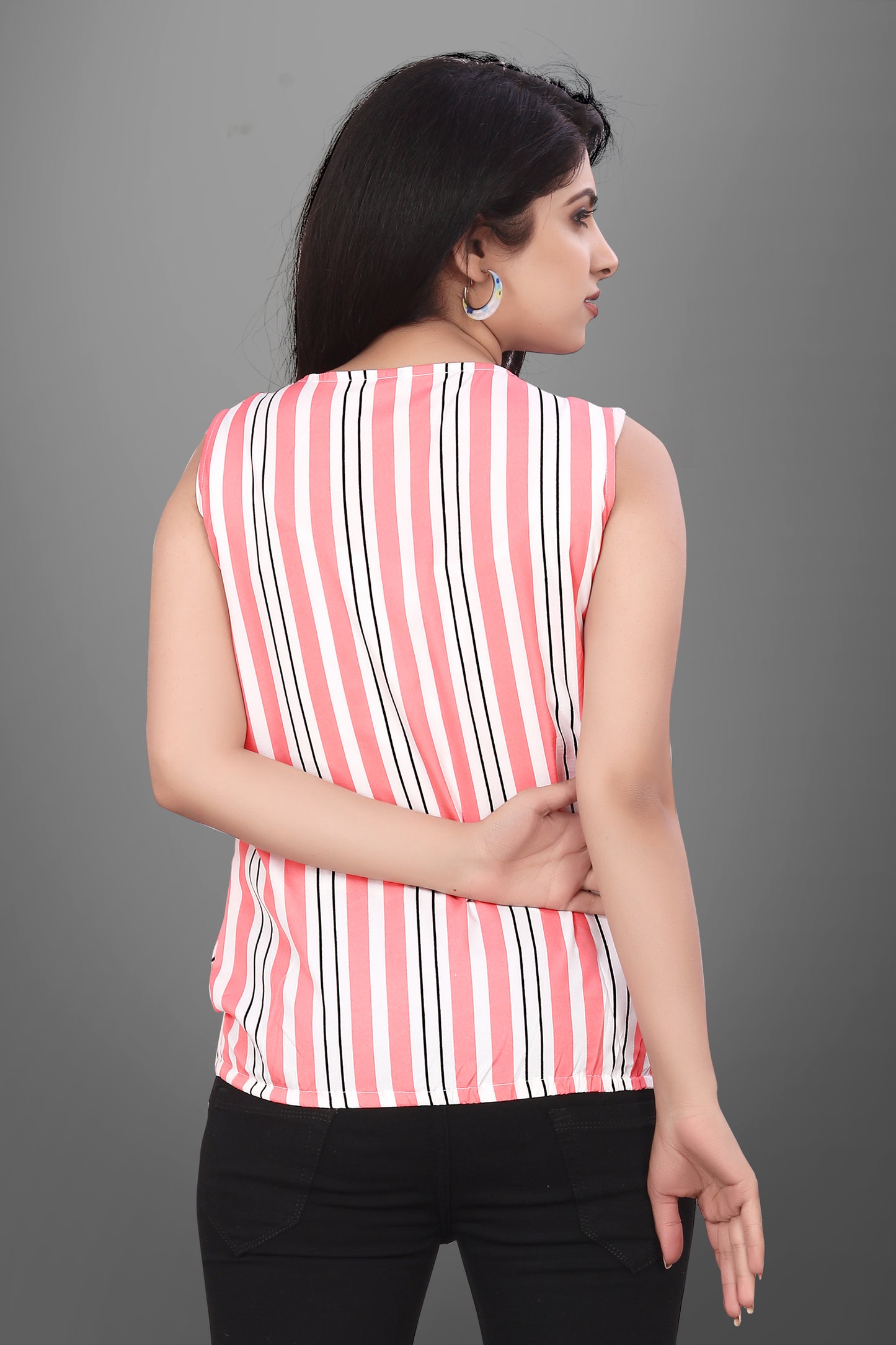 SUR-T Casual Sleeveless Leriya Striped Women Peach Top