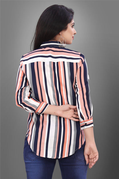 SUR-T Casual Regular Sleeves V-Shape Striped Women Peach Top