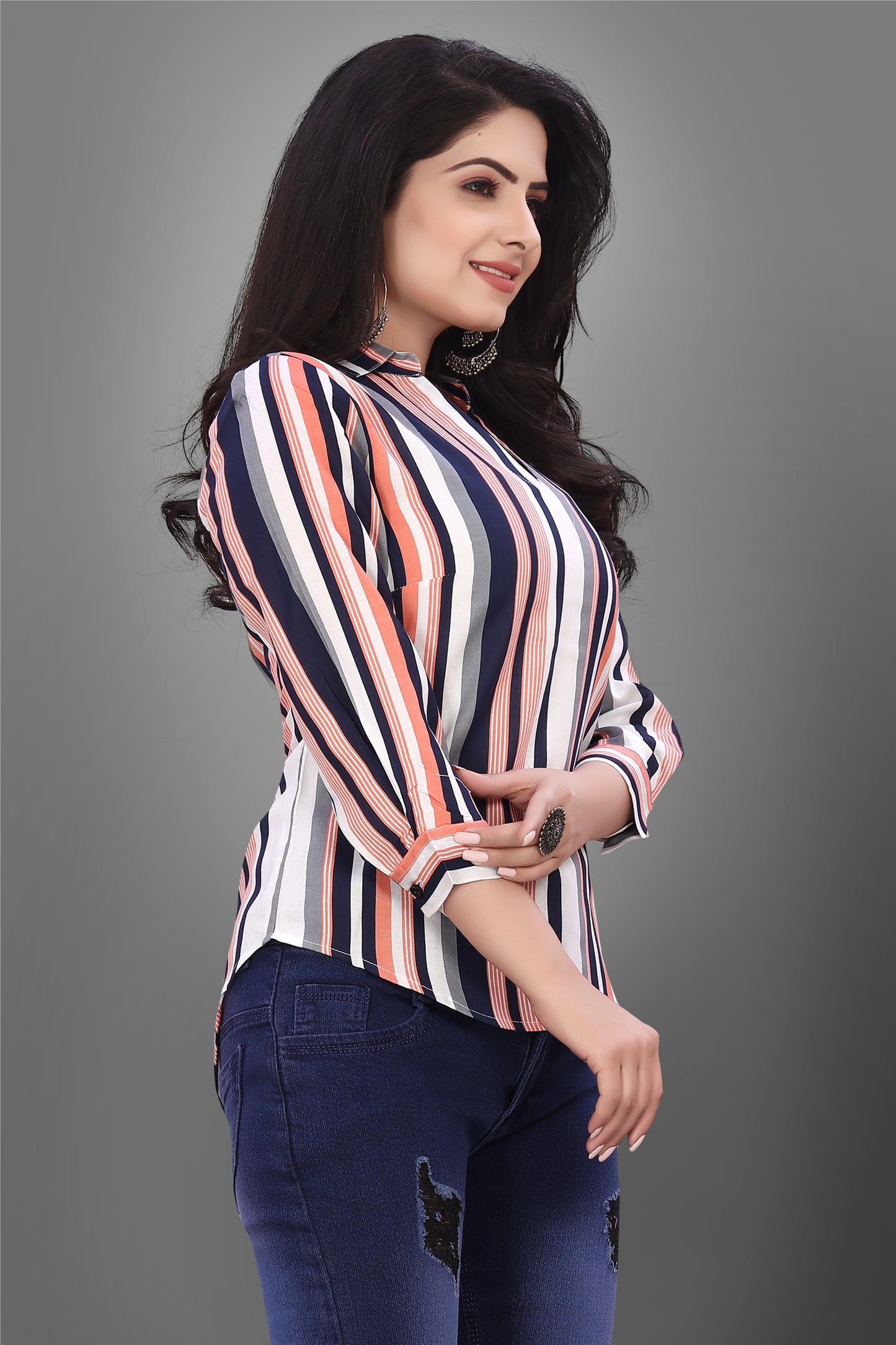 SUR-T Casual Regular Sleeves V-Shape Striped Women Peach Top