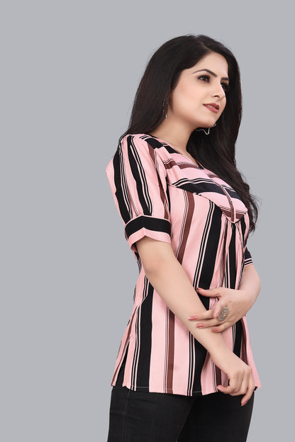 SUR-T Casual Regular Sleeves Striped Women Peach Top