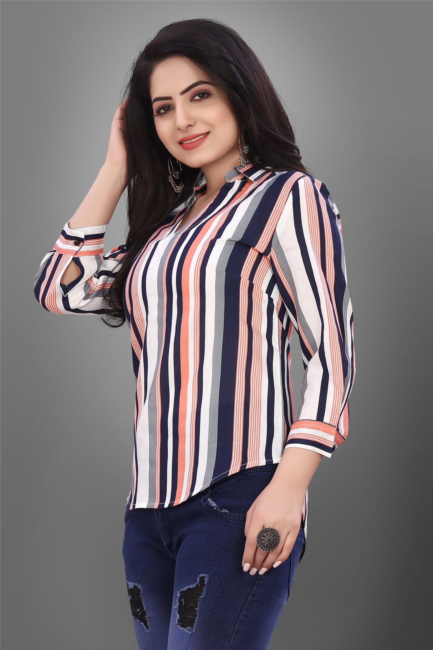 SUR-T Casual Regular Sleeves V-Shape Striped Women Peach Top