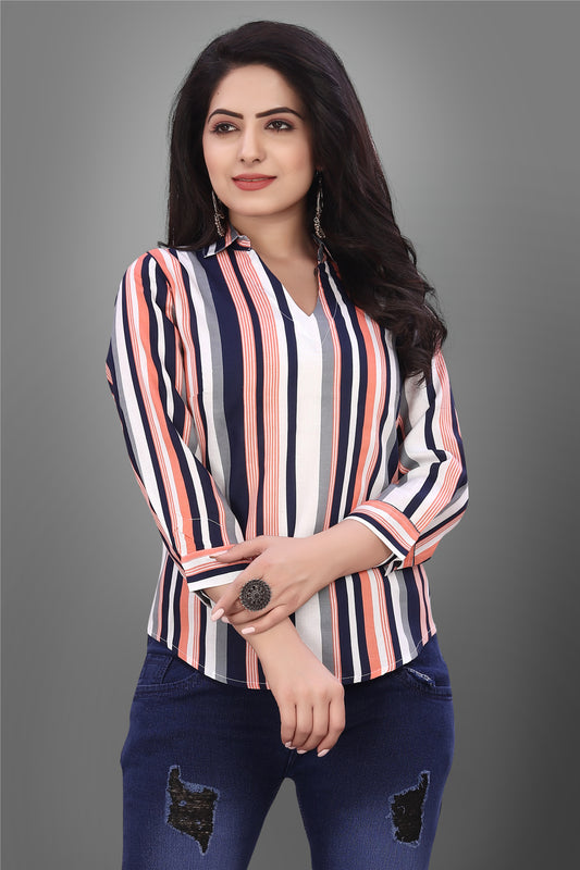 SUR-T Casual Regular Sleeves V-Shape Striped Women Peach Top