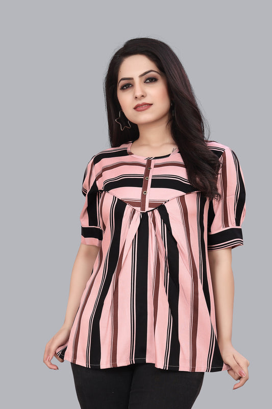 SUR-T Casual Regular Sleeves Striped Women Peach Top