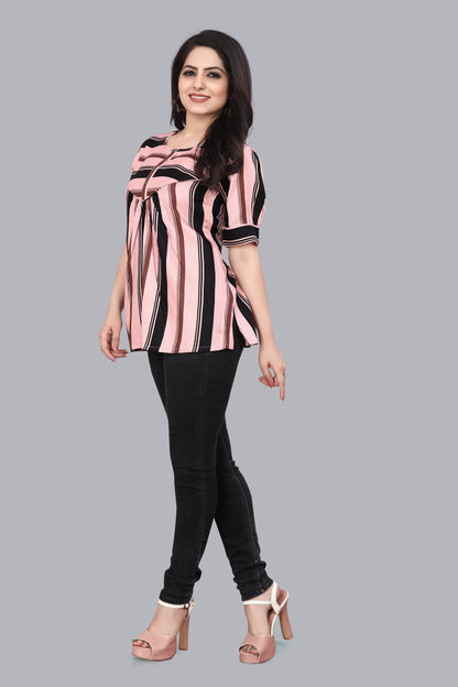 SUR-T Casual Regular Sleeves Striped Women Peach Top