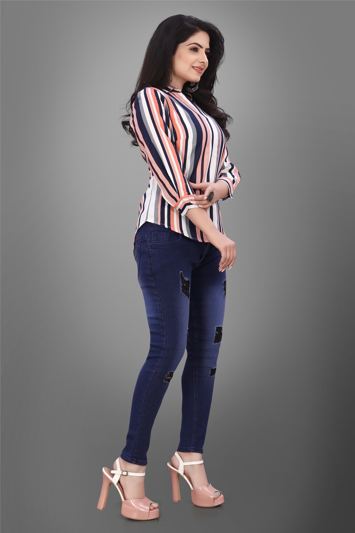 SUR-T Casual Regular Sleeves V-Shape Striped Women Peach Top