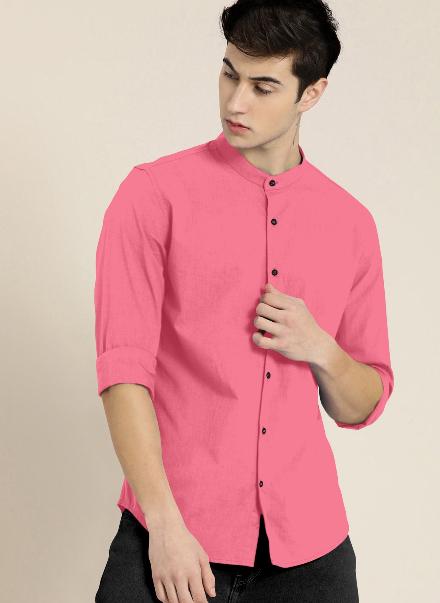 Stylish Pink Men Slim Fit Solid Mandarin Collar Shirt