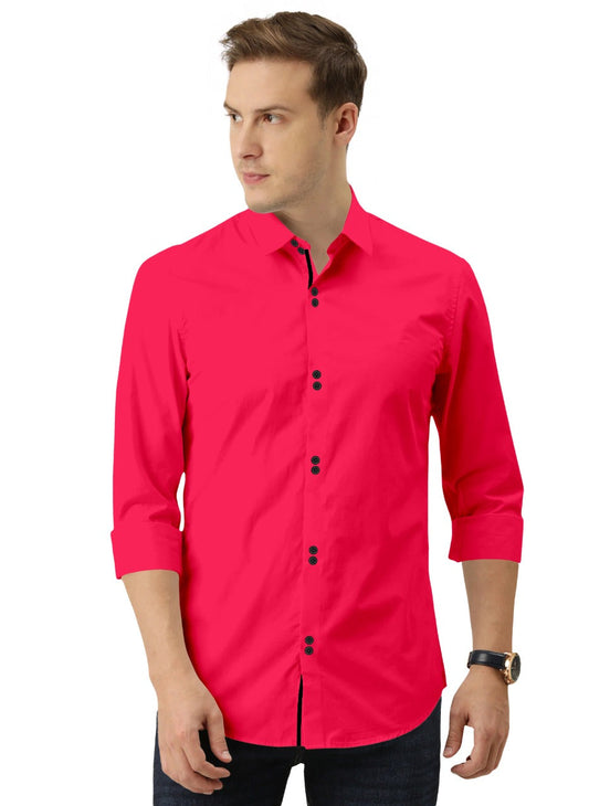 Men's Solid Slim Fit Cotton Double Button Dark Pink Shirt