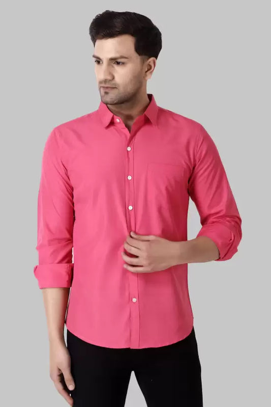 Men's Regular Fit Solid Spread Collar Casual Pink Shirt