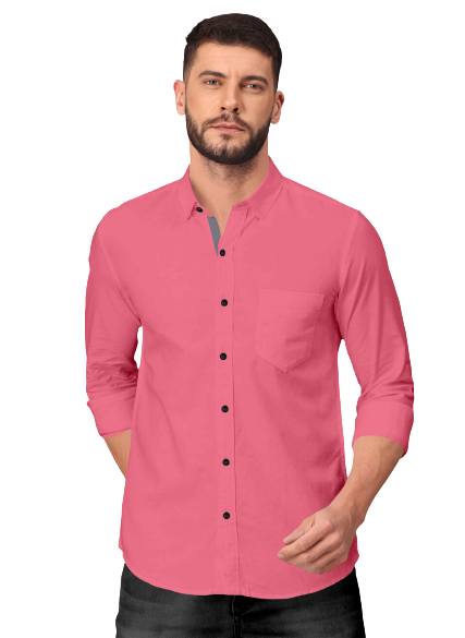 Men's Solid Plain Design Slim Fit Pink Cotton Shirt