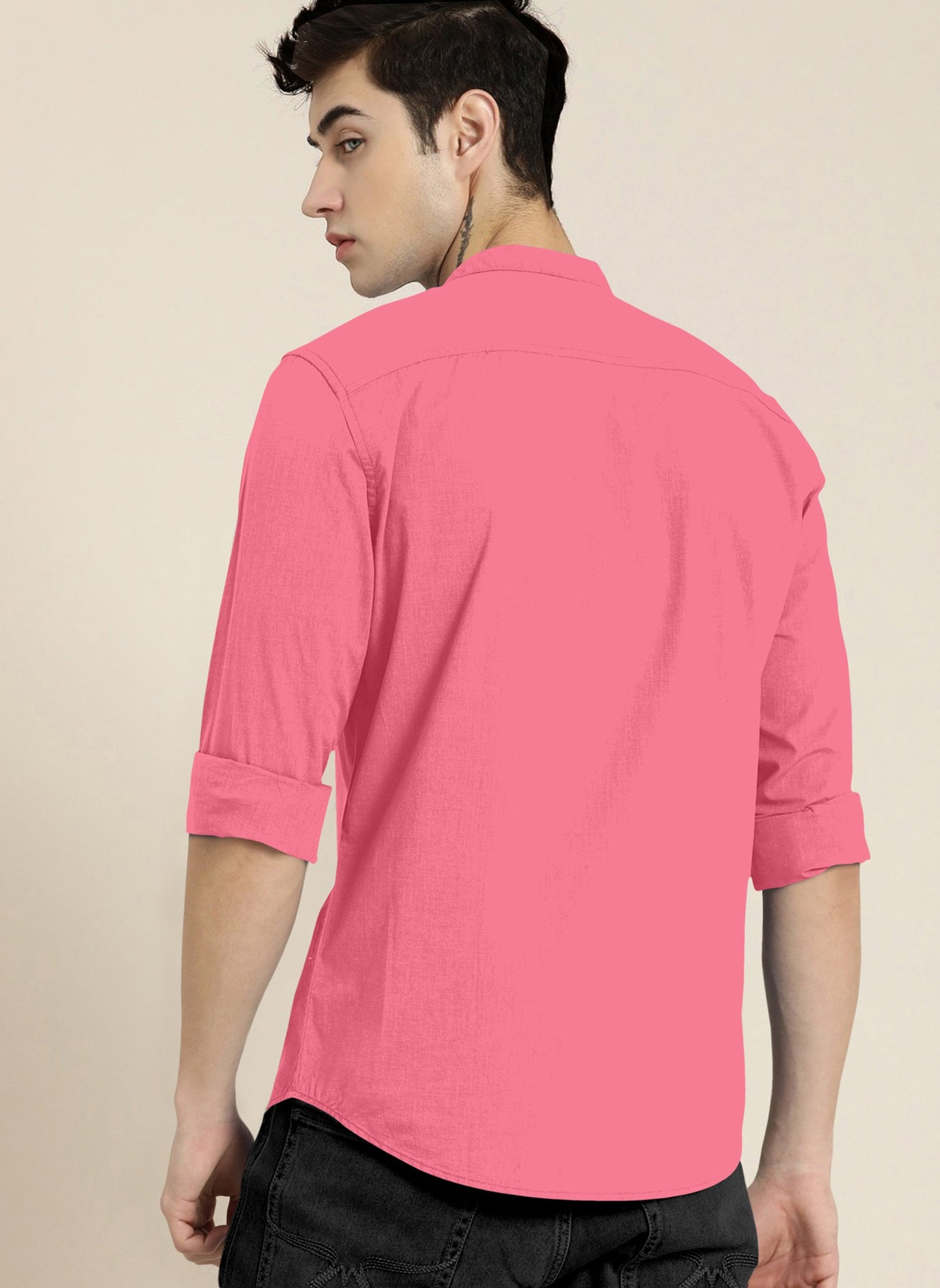 Stylish Pink Men Slim Fit Solid Mandarin Collar Shirt