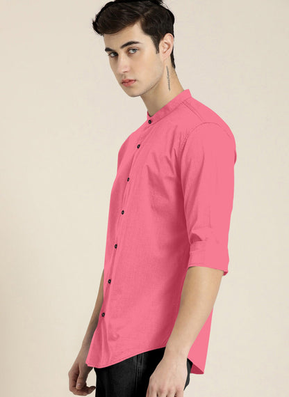 Stylish Pink Men Slim Fit Solid Mandarin Collar Shirt