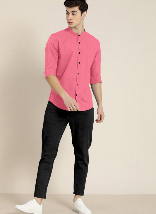 Stylish Pink Men Slim Fit Solid Mandarin Collar Shirt