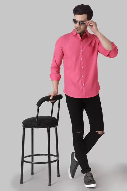 Men's Regular Fit Solid Spread Collar Casual Pink Shirt