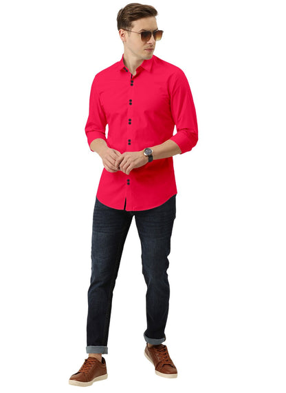 Men's Solid Slim Fit Cotton Double Button Dark Pink Shirt