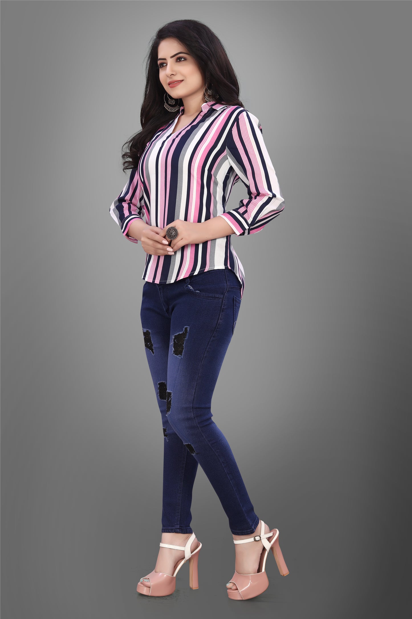 SUR-T Casual Regular Sleeves V-Shape Striped Women Pink Top