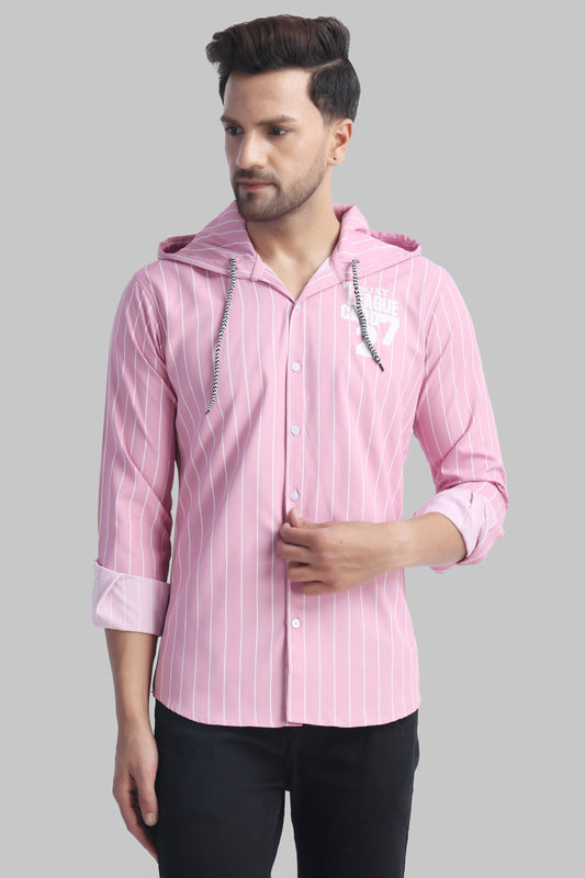 SUR-T Men's Regular Fit Striped Ribbed Collar Casual Pink Shirt