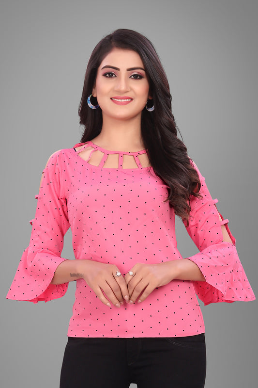 SUR-T Casual Bell Sleeves Polka Print Women Pink Top