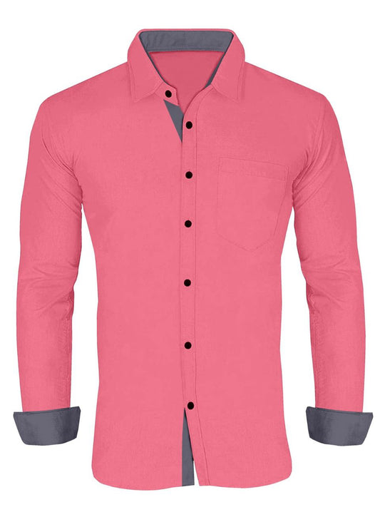 Men's Solid Plain Design Slim Fit Pink Cotton Shirt