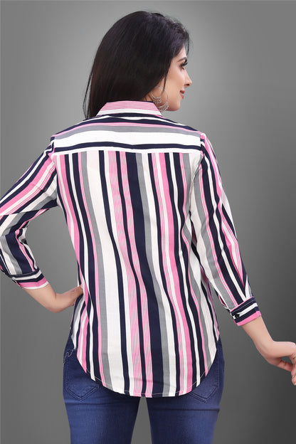 SUR-T Casual Regular Sleeves V-Shape Striped Women Pink Top