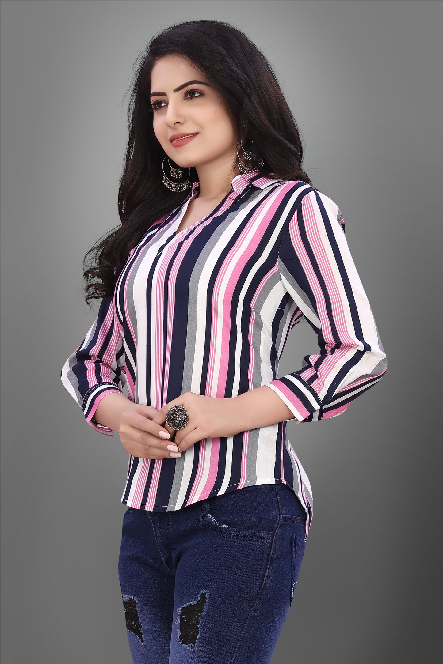 SUR-T Casual Regular Sleeves V-Shape Striped Women Pink Top