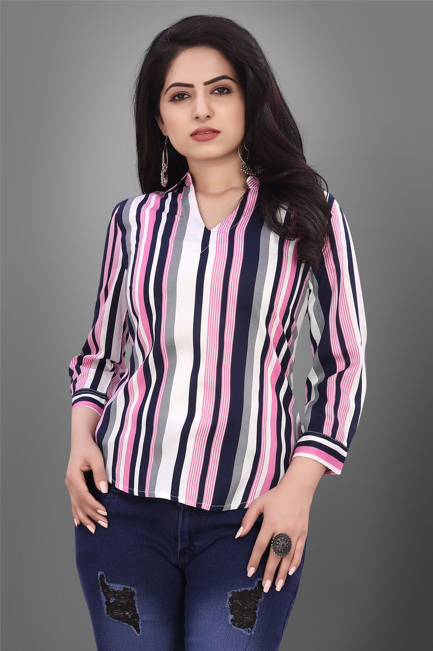 SUR-T Casual Regular Sleeves V-Shape Striped Women Pink Top