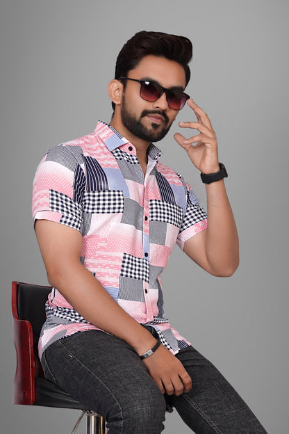 SUR-T Men Regular Fit Printed Spread Collar Casual Pink Shirt