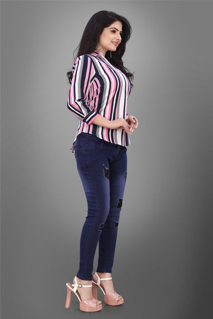 SUR-T Casual Regular Sleeves V-Shape Striped Women Pink Top