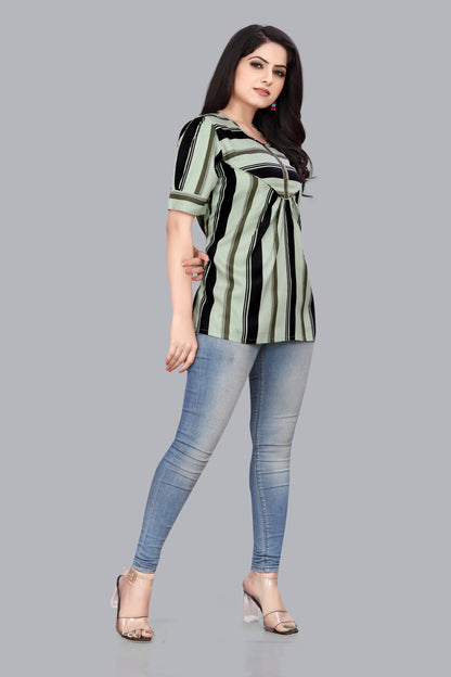 SUR-T Casual Regular Sleeves Striped Women Pista Green Top