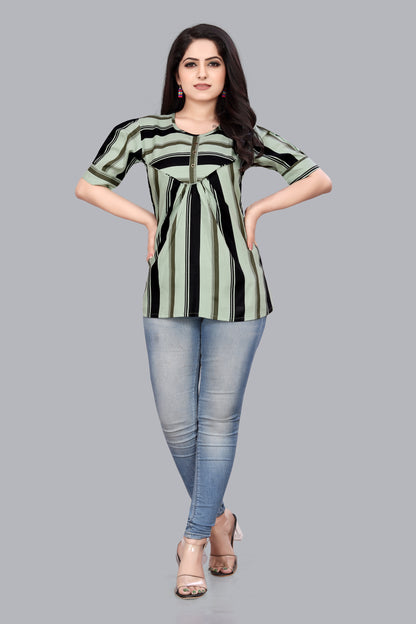 SUR-T Casual Regular Sleeves Striped Women Pista Green Top