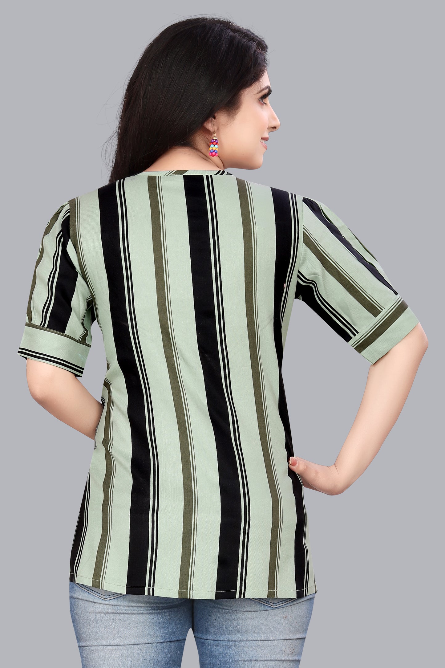 SUR-T Casual Regular Sleeves Striped Women Pista Green Top