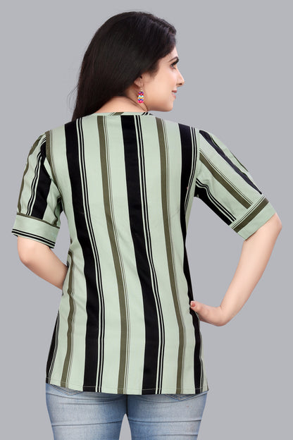 SUR-T Casual Regular Sleeves Striped Women Pista Green Top