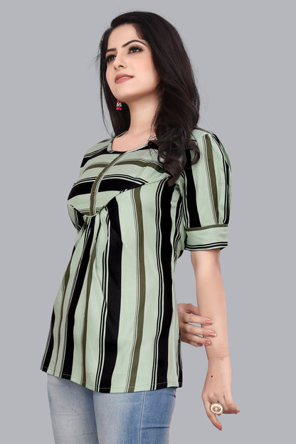 SUR-T Casual Regular Sleeves Striped Women Pista Green Top