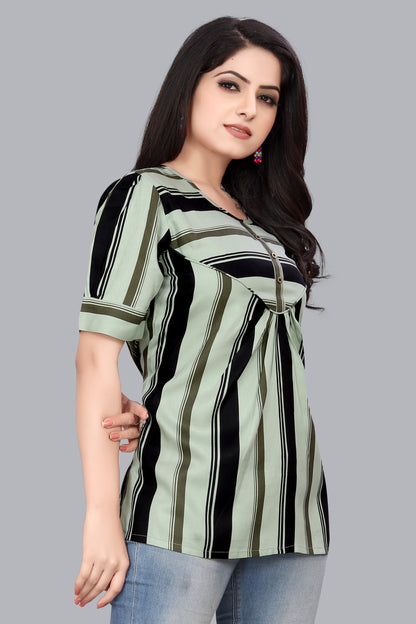 SUR-T Casual Regular Sleeves Striped Women Pista Green Top