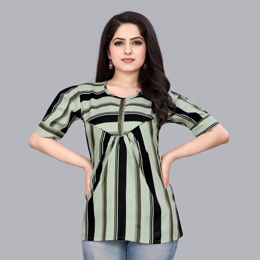 SUR-T Casual Regular Sleeves Striped Women Pista Green Top