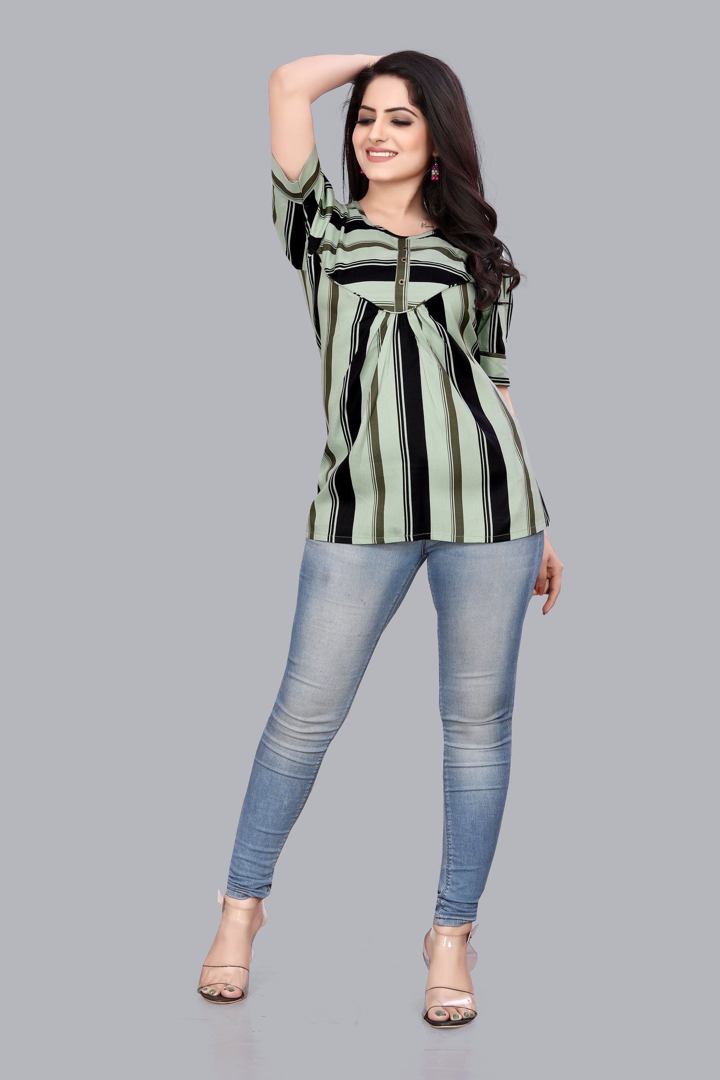 SUR-T Casual Regular Sleeves Striped Women Pista Green Top