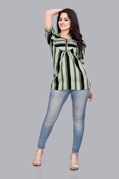 SUR-T Casual Regular Sleeves Striped Women Pista Green Top