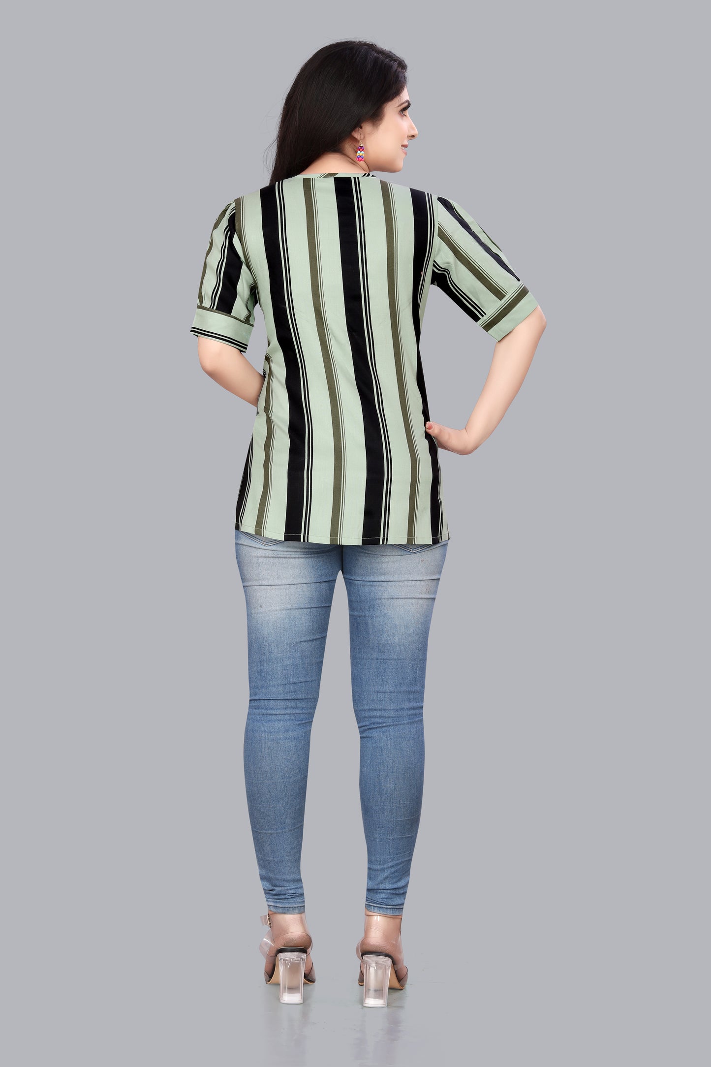 SUR-T Casual Regular Sleeves Striped Women Pista Green Top
