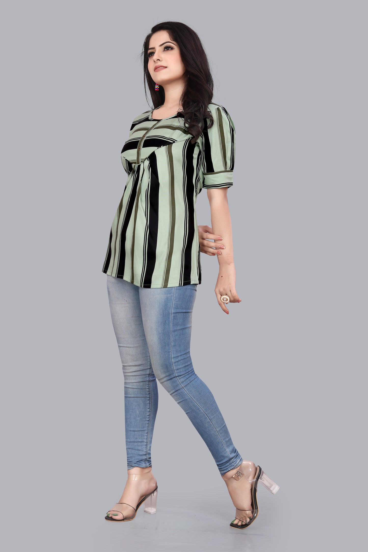 SUR-T Casual Regular Sleeves Striped Women Pista Green Top
