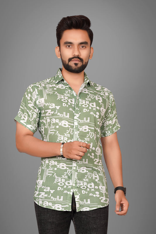 SUR-T Men's Regular Fit Printed Spread Collar Casual Sea Green Shirt