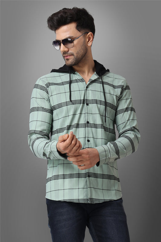 SUR-T Men's Regular Fit Checkered Hood Collar Casual Sea Green Classic Hoodie Shirt