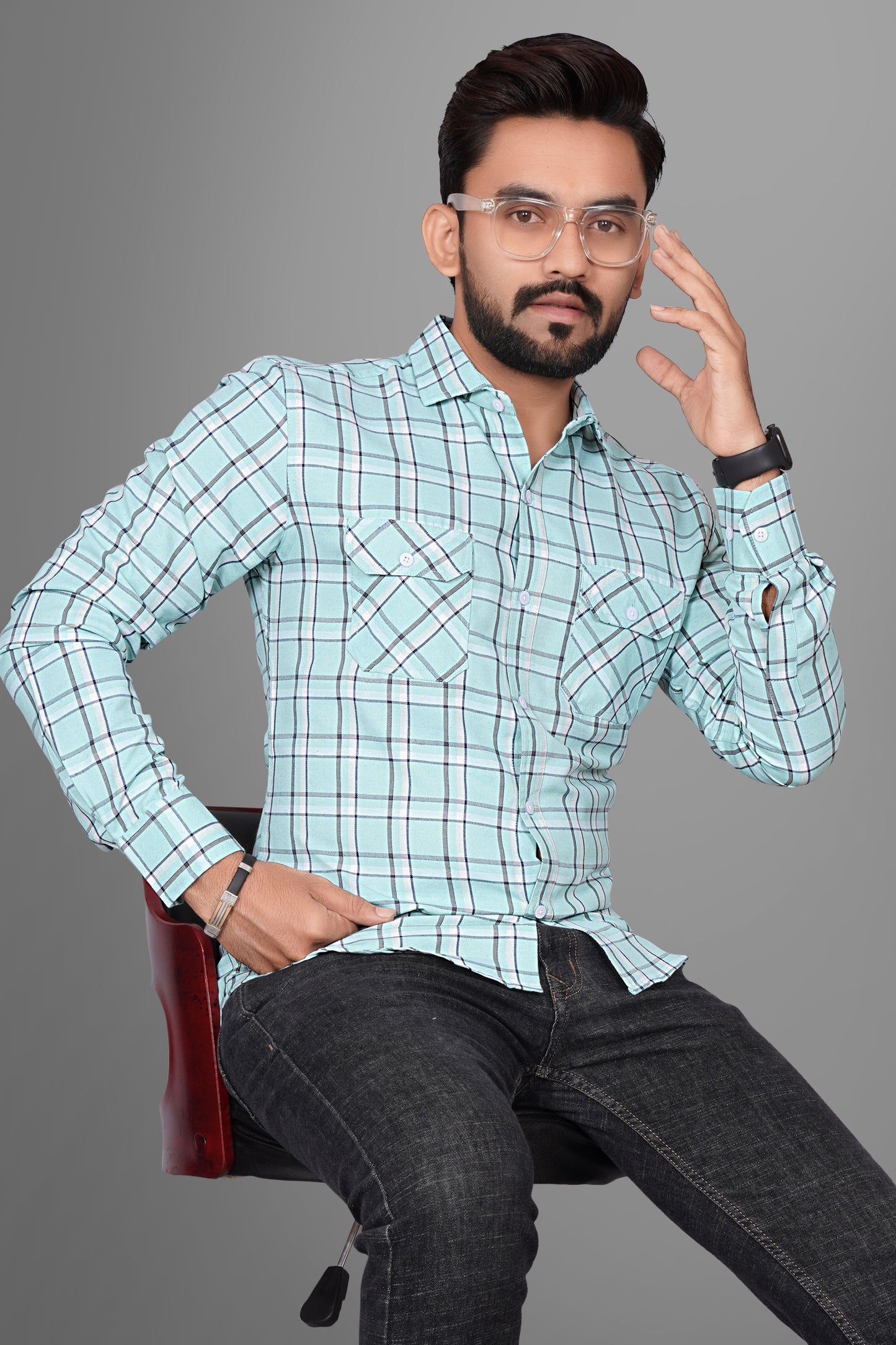 SUR-T Men Regular Fit Checkered Spread Collar Casual Pista Shirt