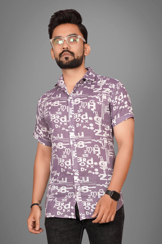 SUR-T Men's Regular Fit Printed Spread Collar Casual Purple Shirt