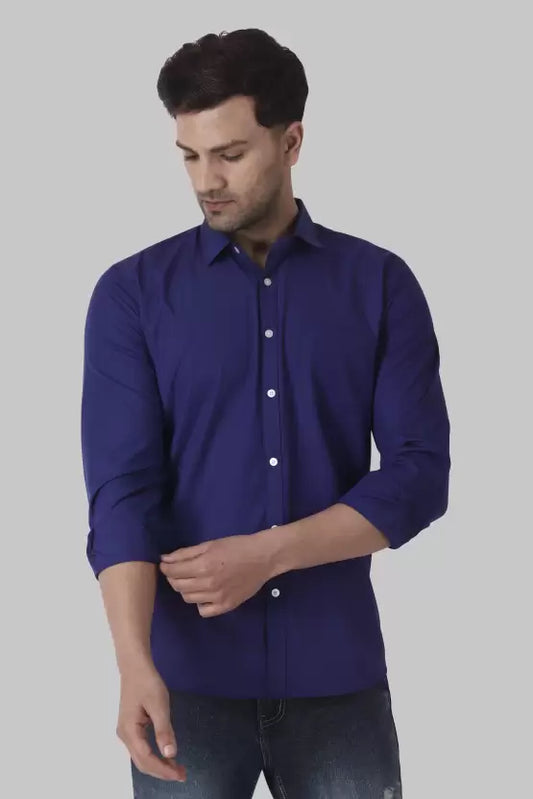 Men's Regular Fit Solid Spread Collar Casual Royal Blue Shirt