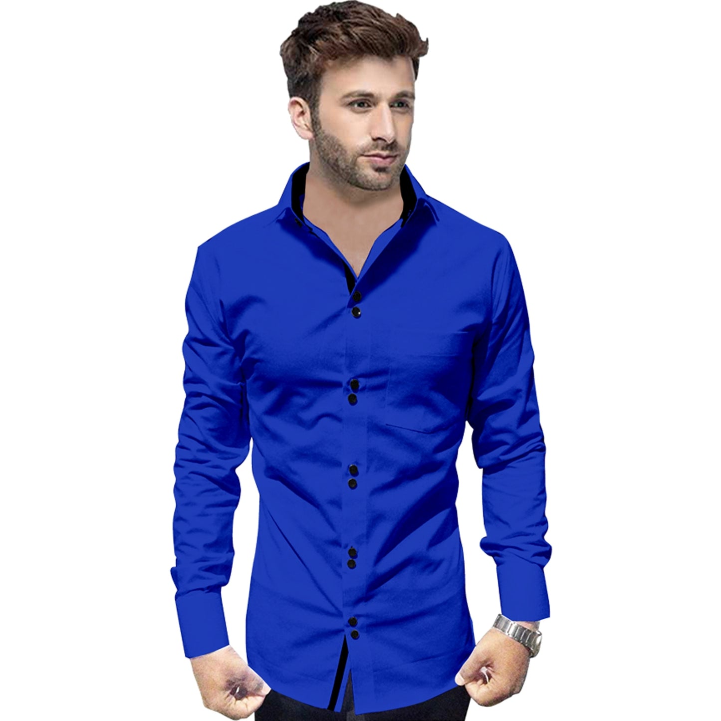 Men's Solid Slim Fit Cotton Double Button Royel Blue Shirt