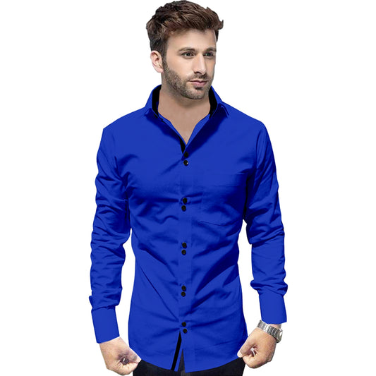 Men's Solid Slim Fit Cotton Double Button Royel Blue Shirt