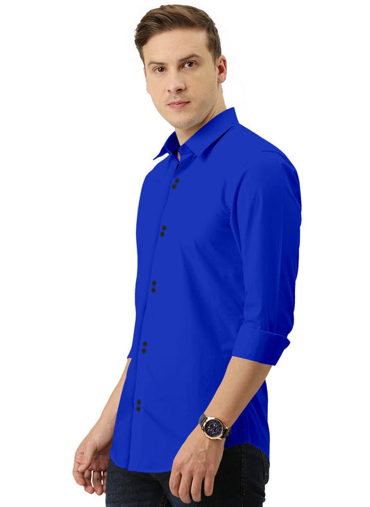 Men's Solid Slim Fit Cotton Double Button Royel Blue Shirt