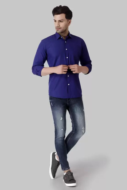 Men's Regular Fit Solid Spread Collar Casual Royal Blue Shirt