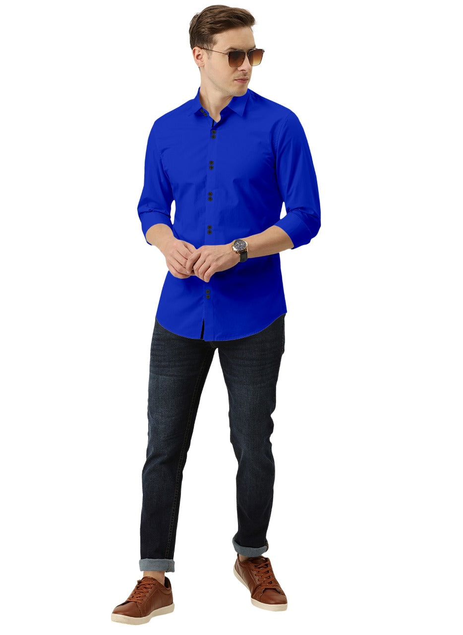 Men's Solid Slim Fit Cotton Double Button Royel Blue Shirt
