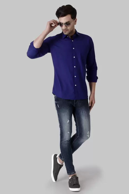 Men's Regular Fit Solid Spread Collar Casual Royal Blue Shirt